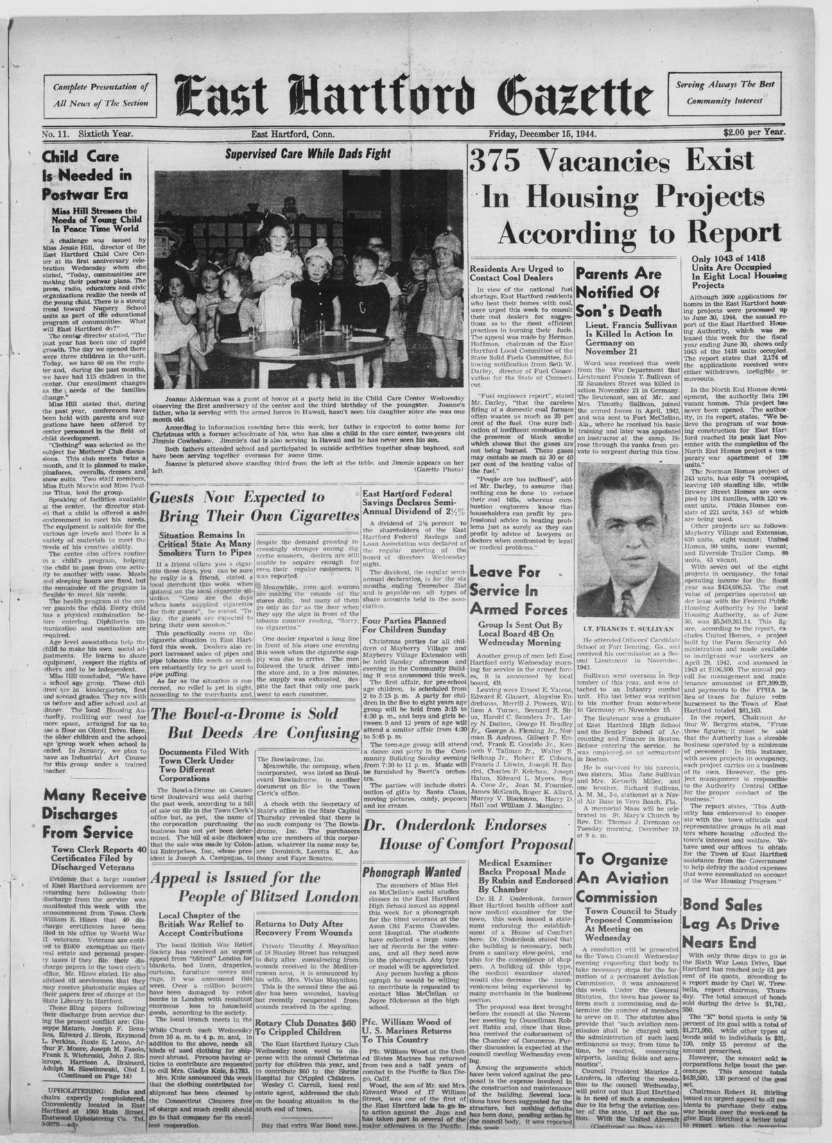 Front page of The East Hartford Gazette, December 15, 1944