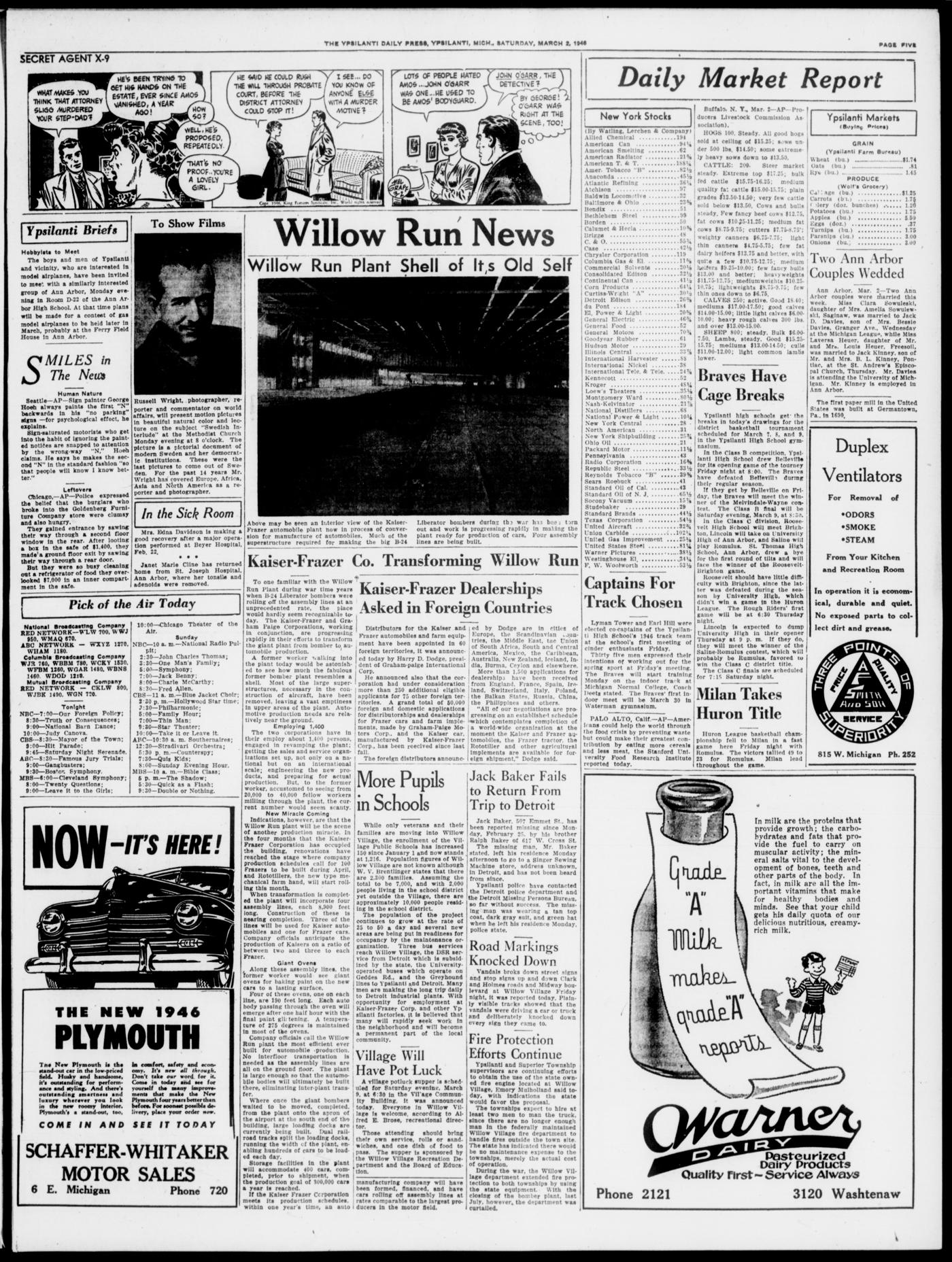 Front page of The Ypsilanti Daily Press, March 2, 1946